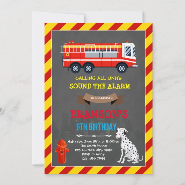 Firetruck and Dalmatian birthday Invitation (Front)