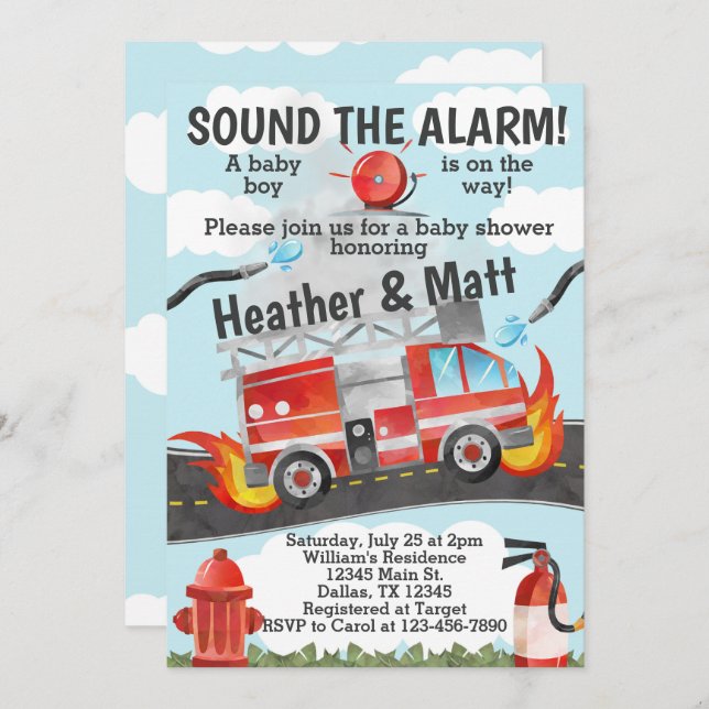 Firetruck Baby Shower Invitation, Fireman Invite (Front/Back)