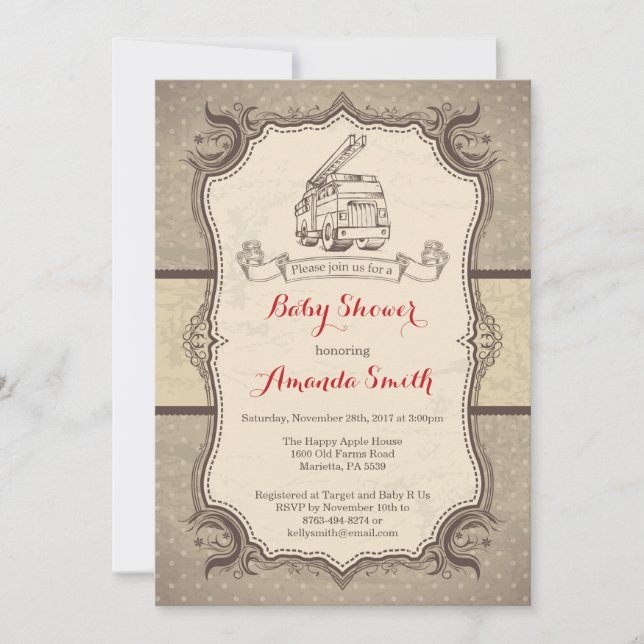 Firetruck Baby Shower Invitation Vintage Retro (Front)
