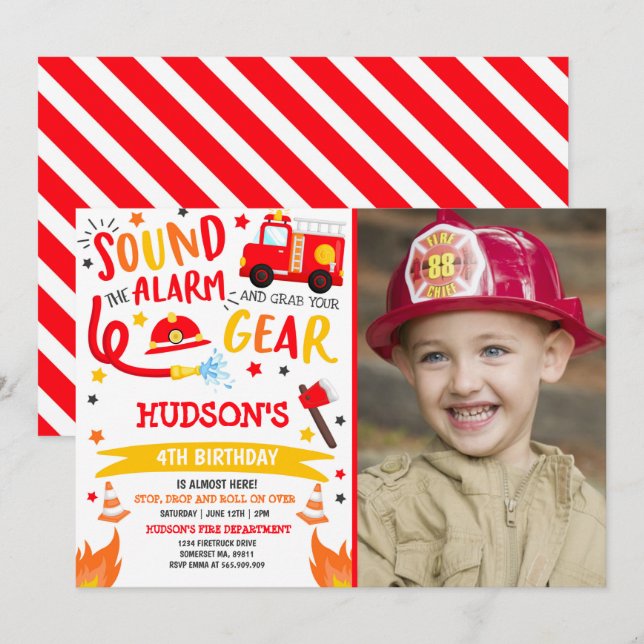 Firetruck Birthday Invitation Fireman Party (Front/Back)