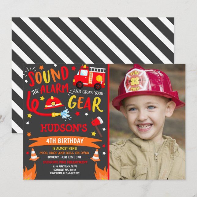 Firetruck Birthday Invitation Fireman Party (Front/Back)