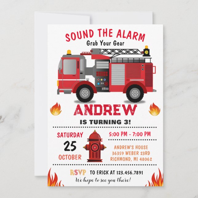 Firetruck Birthday Party for boy Invitation (Front)