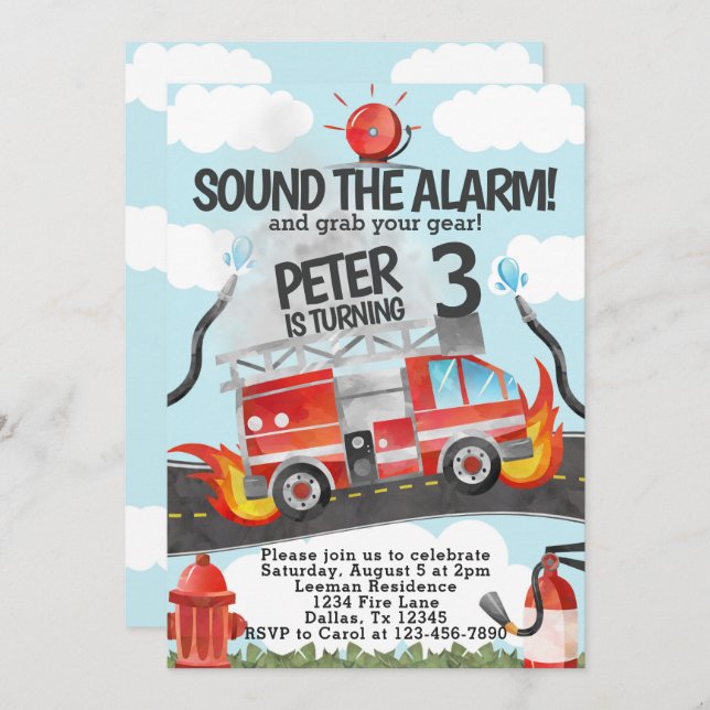 Firetruck Birthday Party Invitation Invite (Front/Back)