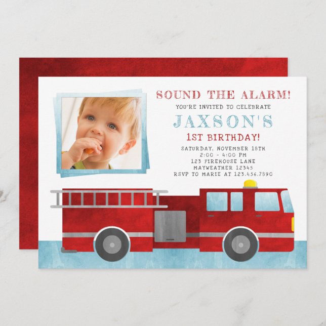 Firetruck Birthday Party Photo Invitation (Front/Back)
