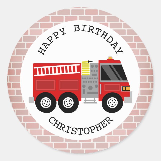 Firetruck + Bricks Birthday Party Sticker (Front)