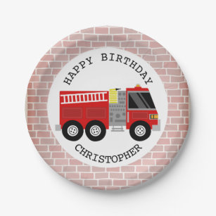 Firetruck + Bricks Firefighter Birthday Party Paper Plate