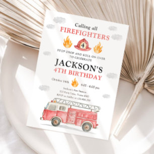Firetruck Calling All Firefigthers Boy Birthday Invitation