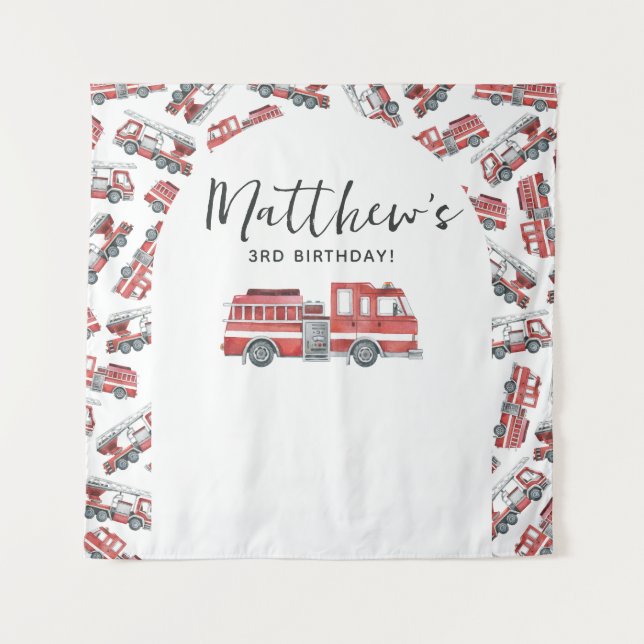 Firetruck Fire Engine Birthday Party Backdrop Tapestry (Front)