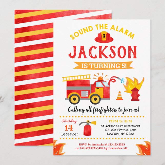 Firetruck Fire Engine Birthday Party Invitations (Front/Back)