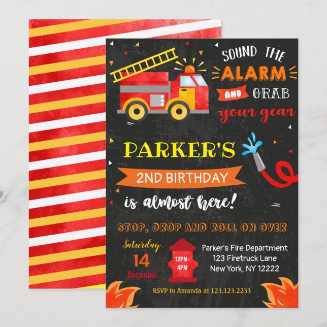 Firetruck Fire Engine Birthday Party invitations (Front/Back)