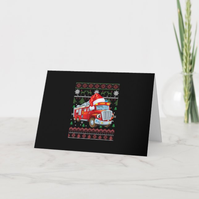 Firetruck Firefighter Christmas Cute Boy Santa Hat Holiday Card (Front)