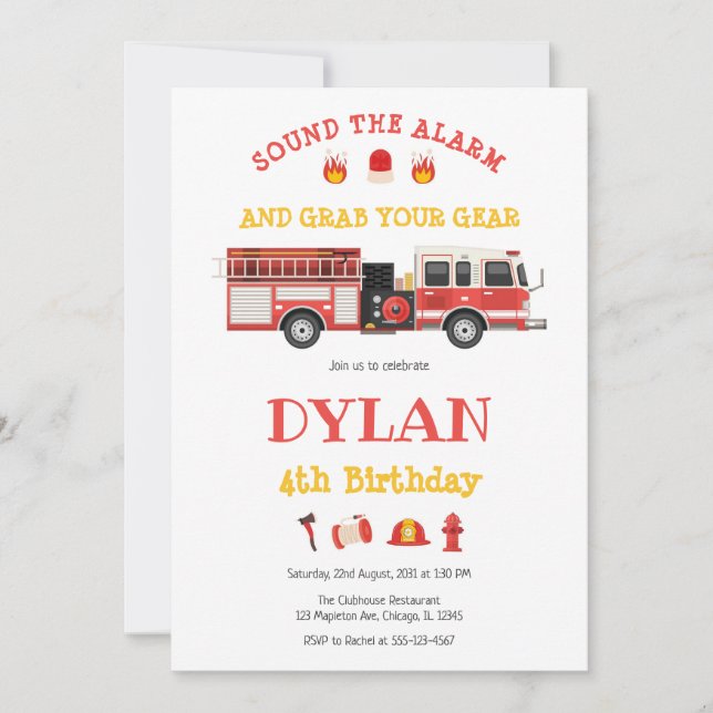 Firetruck Firefighter Kids Birthday Invitation (Front)