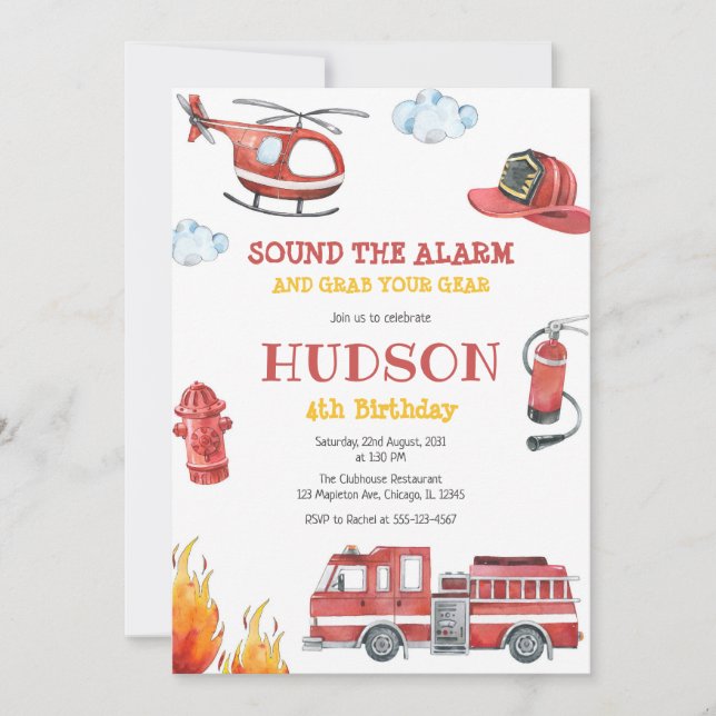 Firetruck Firefighter Kids Birthday Invitation (Devant)