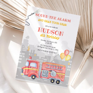 Firetruck Firefighter Kids Birthday Invitation