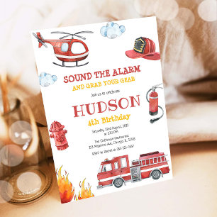 Firetruck Firefighter Kids Birthday Invitation