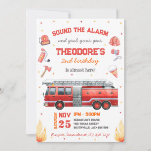 Firetruck Firefighter Kids Birthday Invitation