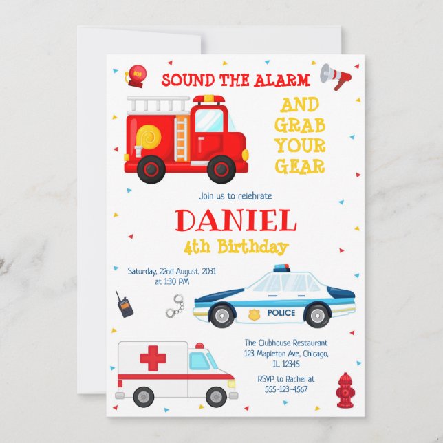 Firetruck Firefighter Kids Birthday Invitation (Front)