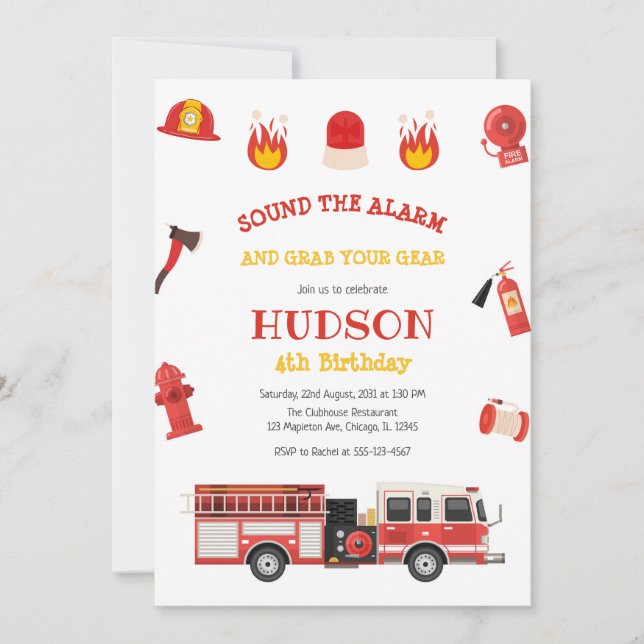 Firetruck Firefighter Kids Birthday Invitation (Front)