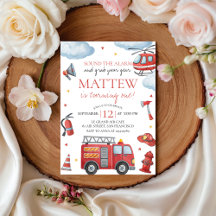 Firetruck First Birthday Invitation