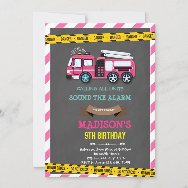 Firetruck girl birthday party invitation