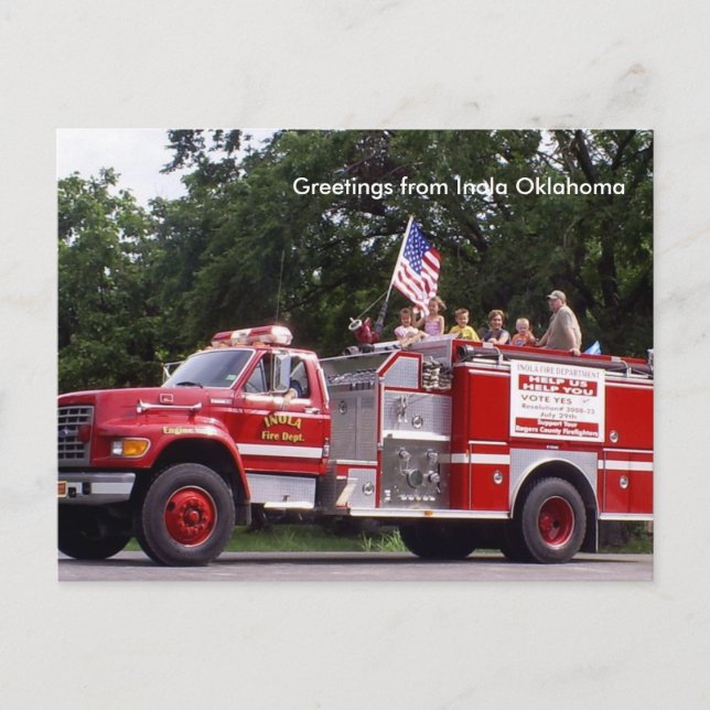 Firetruck, Greetings from Inola Oklahoma Postcard (Front)
