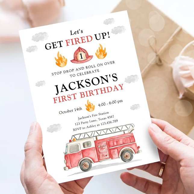 Firetruck Let's Get Fired Up Boy First Birthday Invitation (Creator Uploaded)