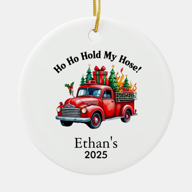 Firetruck Ornament, Firefighter Ornament, Fireman  Ceramic Ornament (Front)