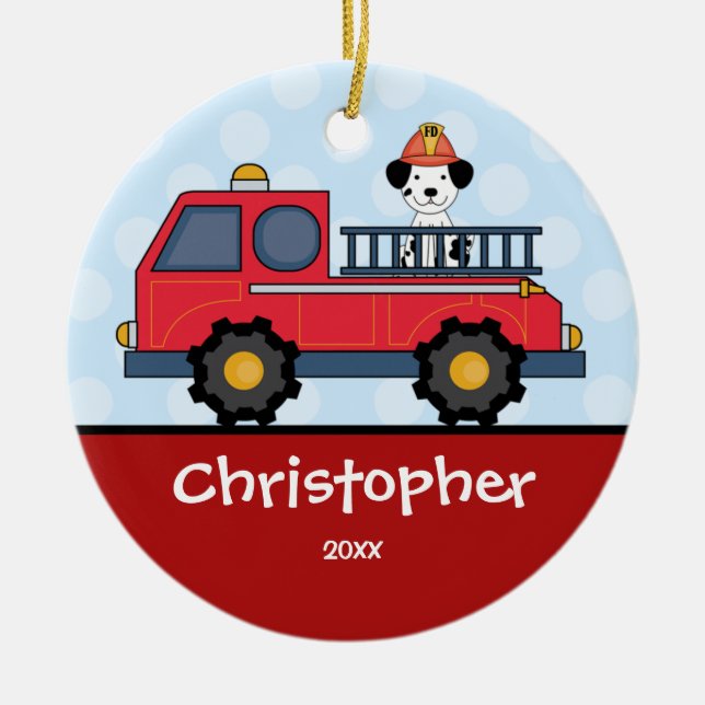 Firetruck Personalized Boy Christmas Ornament (Front)