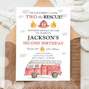 Firetruck Two the Rescue Boy Second Birthday Invitation