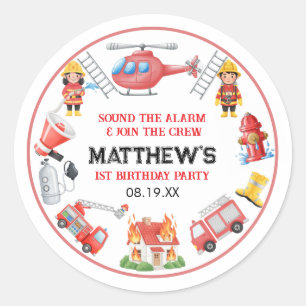 Firetrucks Boy 1st Birthday Cute Little party Classic Round Sticker