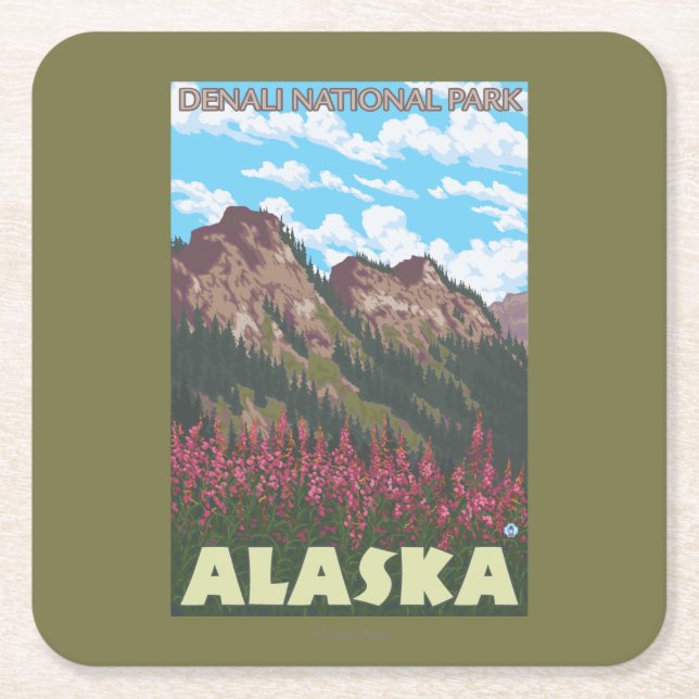 Fireweed & Mountains - Denali Nat'l Park, Square Paper Coaster (Front)