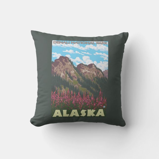 Fireweed & Mountains - Denali Nat'l Park, Throw Pillow (Front)