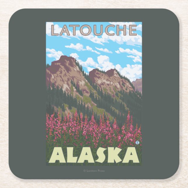 Fireweed & Mountains - Latouche, Alaska Square Paper Coaster (Front)
