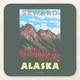 Fireweed & Mountains - Seward, Alaska Square Paper Coaster
