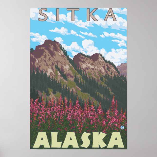 Fireweed & Mountains - Sitka, Alaska Poster (Front)