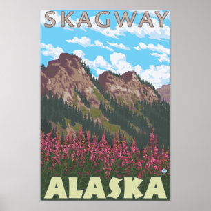 Fireweed & Mountains - Skagway, Alaska Poster