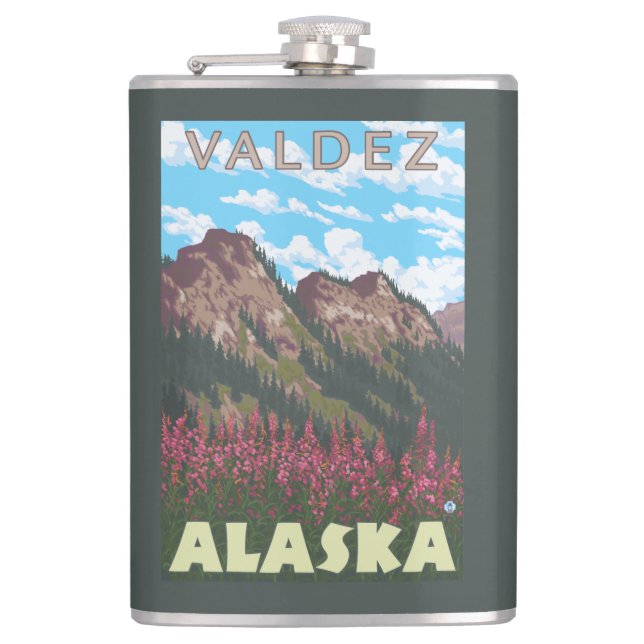 Fireweed & Mountains - Valdez, Alaska Hip Flask (Front)