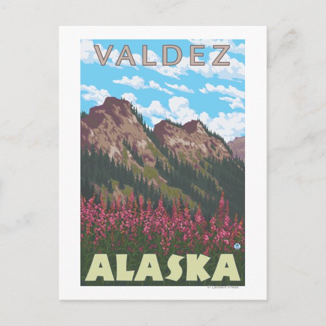 Fireweed & Mountains - Valdez, Alaska Postcard (Front)