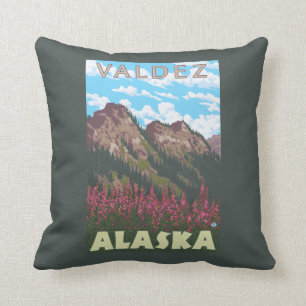 Fireweed & Mountains - Valdez, Alaska Throw Pillow