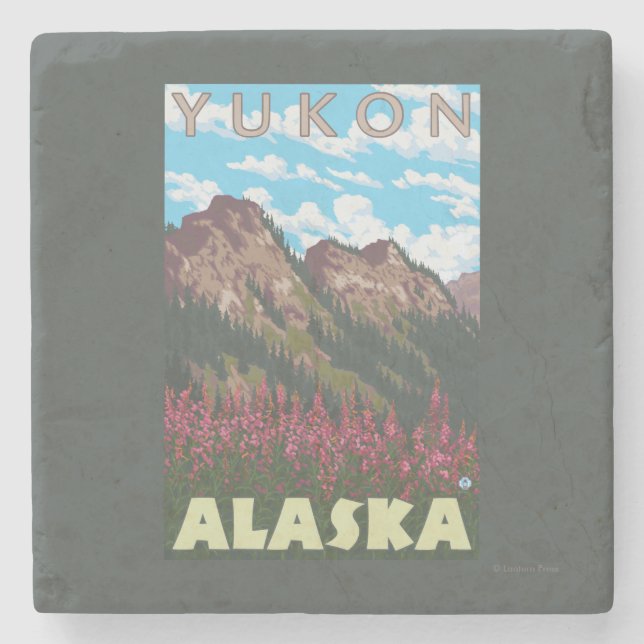 Fireweed & Mountains - Yukon, Alaska Stone Coaster (Front)