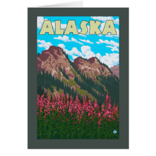 Fireweed with Mountains Vintage Travel Poster