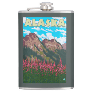 Fireweed with Mountains Vintage Travel Poster Hip Flask