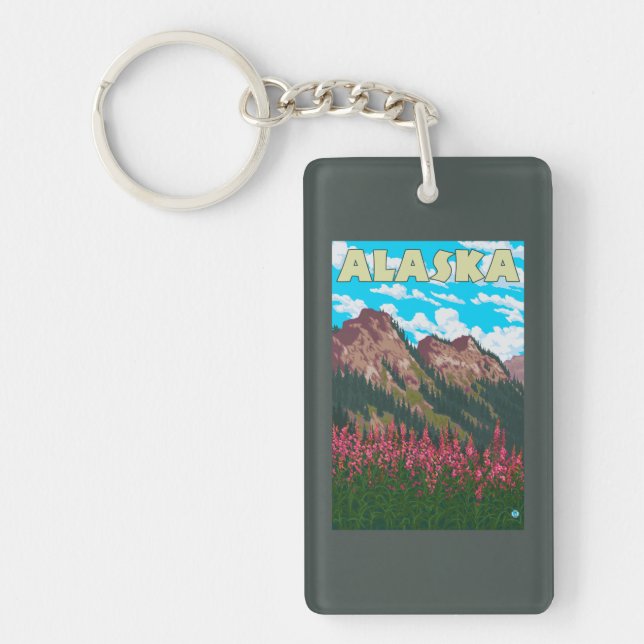 Fireweed with Mountains Vintage Travel Poster Keychain (Front)