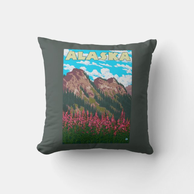Fireweed with Mountains Vintage Travel Poster Throw Pillow (Front)