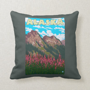 Fireweed with Mountains Vintage Travel Poster Throw Pillow