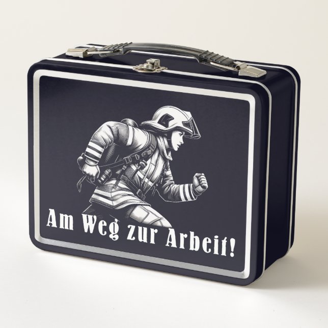 firewoman "On the way to work!" Metal Lunch Box (Front)