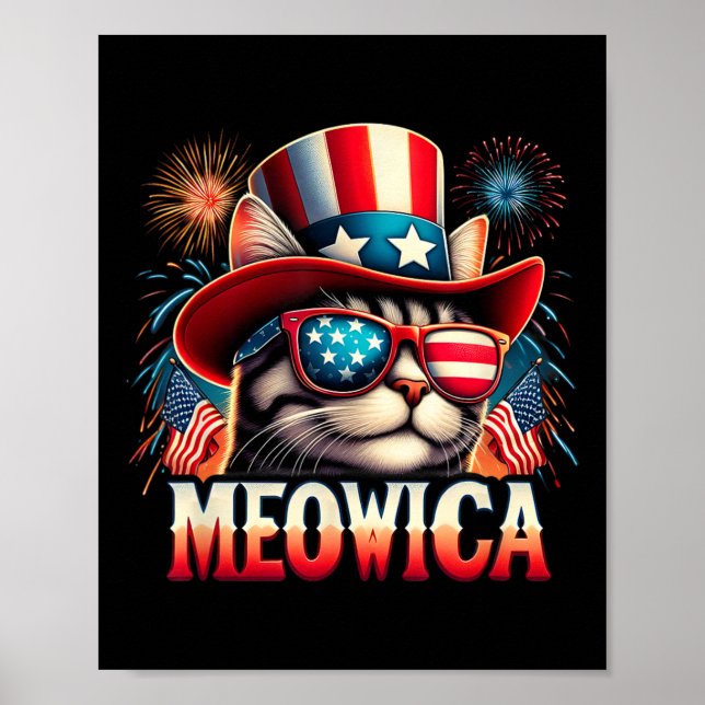 Firework Cat Funny Patriotic Kitty Cat Meowica 4th Poster (Front)