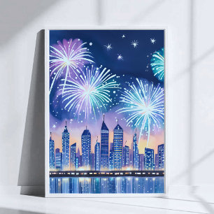 Firework Cityscape   Blue Lofi Digital Watercolor Poster