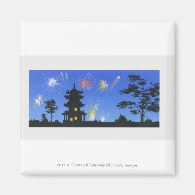 Firework display and silhouette of pagoda magnet (Front)