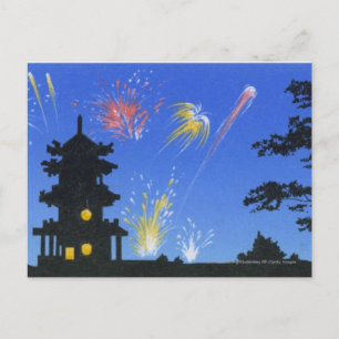 Firework display and silhouette of pagoda postcard